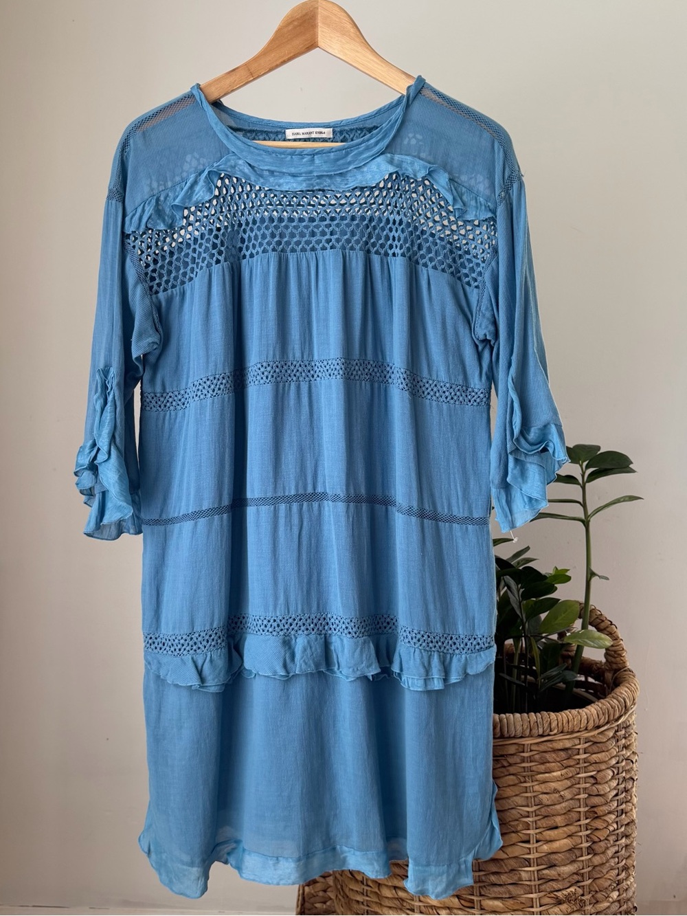 Women's ISABEL MARANT Blue Crew Neck Mini Dress Ruffle Tiers Crochet Size 36